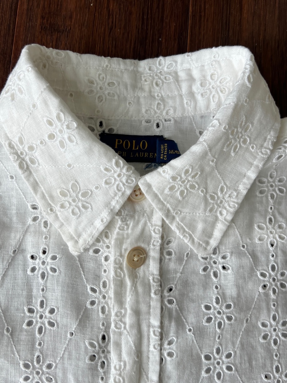 Beautiful Polo Ralph Lauren White 100% Linen Eyelet Blouse Top Button Up Medium